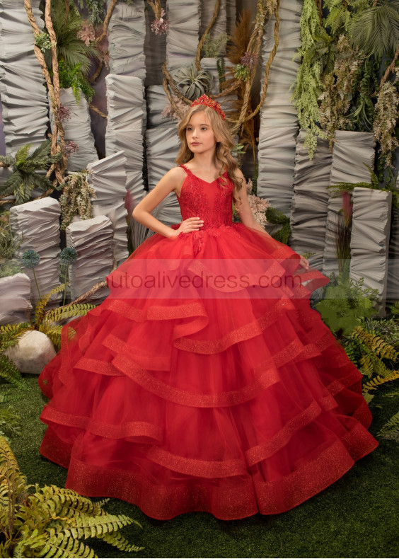 Red Lace Tulle Ruffle Floor Length Flower Girl Dress Red Lace Tulle Ruffle Floor Length Flower Girl Dress